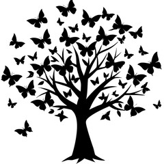 a black silhouette of a tree adorned with numerous butterflies in flight