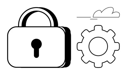 Padlock and gear representing security, system settings, and innovative processes. Ideal for technology, data protection, system integration, cloud computing, configuration, safety simple flat