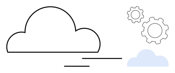 Abstract cloud with dynamic lines and gear icons signifying cloud technology, software development, and innovation. Ideal for cloud computing, data management, IT service, teamwork, software process
