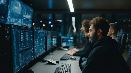 An agile team of IT experts and software developers engages with interactive digital panels in a sophisticated control center overseeing critical blockchain systems and monitoring server