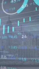 Wall Mural - Animation of stock market and diagrams over cityscape