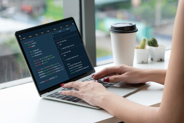 Software development programming on computer screen for modish application and program coding