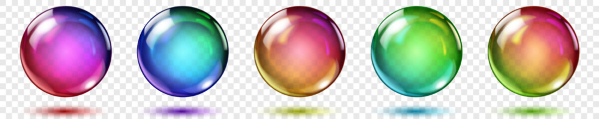 Wall Mural - Set of translucent spheres of rainbow colors with highlights and shadows on transparent background, vector illustration for design projects and creating creative works.