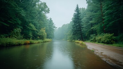 Wall Mural - forest with a river running through it. the water is calm and the sky is cloudy. the trees are lush 