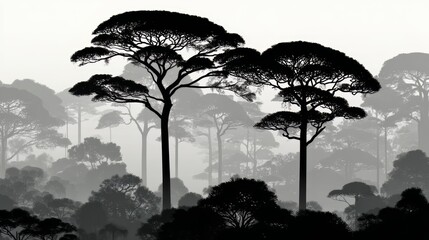 Wall Mural - forest with two trees in the foreground and many trees in the background. the trees are tall and dar