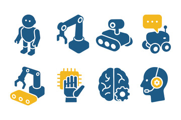 Robotics technology icons set featuring ai, automation, and chatbot designs in flat style