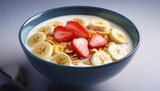 cereal flakes in a glass of milk with fresh fruit pieces such as strawberries and banana slices the soft creamy texture of the milk