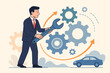 © Juno - Business improvement and optimization concept. Businessman holding wrench for adjustment and fine-tuning. Change management. Repair and maintenance service for smooth process.