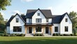 © Maryna - Brand new white contemporary farmhouse features dark shingled roof and black windows. Modern architecture boasts wood-accented porch, spacious yard, manicured lawn, and lush landscaping.