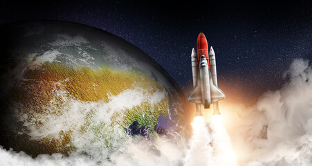Wall Mural - Rocket in space on orbit of planet, banner design