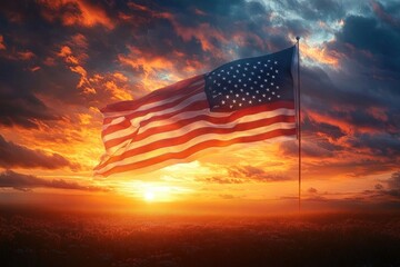 Wall Mural - American flag waving on a tall flagpole during a dramatic sunset with vibrant orange and blue clouds above a darkened field