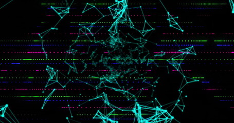 Wall Mural - Displaying turquoise nodes and lines in cyberspace, with neon dotted dashes in green magenta blue