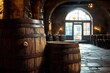 © dgete - Interior of a dimly lit rustic cellar or brewery with wooden barrels on a stone floor and an arched doorway letting in natural light