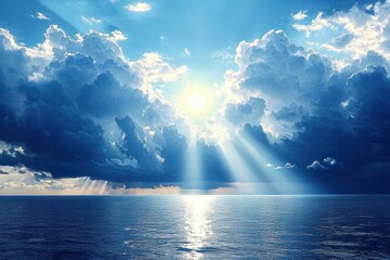Wall Mural - Bright sun shining through dramatic dark clouds over a calm ocean with reflective water and sun rays breaking through the sky