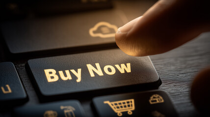 a fingertip poised on an illuminated buy now key showcasing instant online purchasing urgency in mod