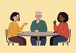 © Vector Horizons - A diverse group of people, including an older man and two younger women, engaged in a thoughtful discussion at a round table illustration