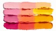 © SarminAkter - Swatches of creamy pink coral peach and yellow makeup textures on white background