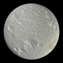 Wall Mural - A detailed, full-disk rendering of Tethys, one of Saturn's icy moons, showcasing its heavily cratered surface with prominent bright wispy streaks, indicative of tectonic fractures