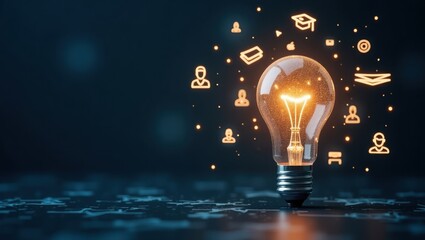 3D render of glowing digital lightbulb with code and icons, symbolizing knowledge, training, and eLearning in a futuristic education-themed background.