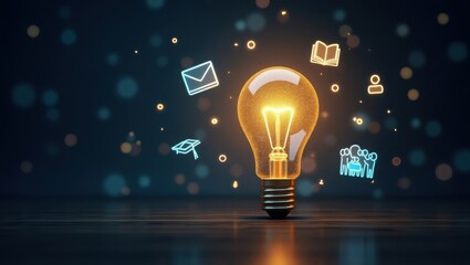 3D render of glowing digital lightbulb with code and icons, symbolizing knowledge, training, and eLearning in a futuristic education-themed background.