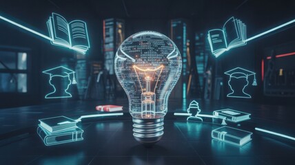 3D render of glowing digital lightbulb with code and icons, symbolizing knowledge, training, and eLearning in a futuristic education-themed background.