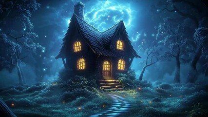 Wall Mural - Enchanted cottage illuminated by moonlight in a mystical forest