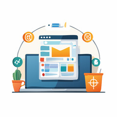 Colorful illustration of a laptop displaying a webpage with email marketing symbols