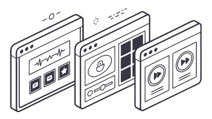 Isometric web development interface design for website presentation and user experience optimization project