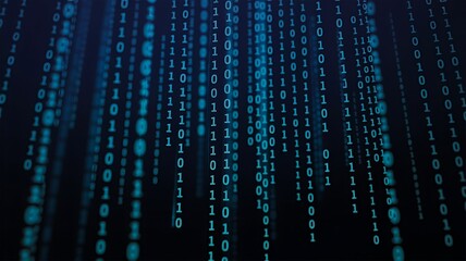 Digital binary code with glowing blue numbers in matrix style background
