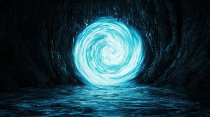 Wall Mural - Mystic Portal in Dark Cave with Swirling Blue Light Reflecting on Water Surface, Enigmatic and Surreal Atmosphere Captured in Stunning Detail