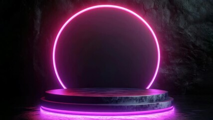 Wall Mural - futuristic video backdrop with a neon-lit circular stage. shot from a low angle, highlighting the gl