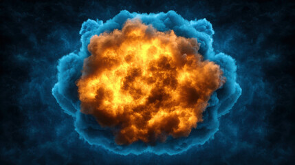 Wall Mural - explosive fire cloud with flaming orange center surrounded by blue smoke against dark background for