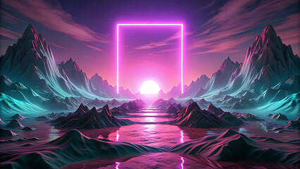 Wall Mural - Glowing Surreal Landscape With Pink Sky And Neon Square Light