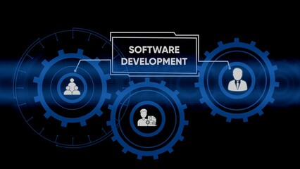 Software development illustration depicting teamwork and technological progress in business