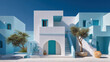 © Yung - Greek Island Architecture: Capturing the classic allure of Greek architecture. Minimalist buildings in soft blue tones, featuring clean lines and natural details like olive trees.