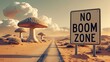 © Kadir Ibrahim - A desert road sign reads “No Boom Zone” with surreal cloud-mushroom shapes in the distance. Warm light, flat design, ironic concept art about nuclear disarmament with a satirical tone.