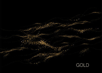 Wall Mural - Abstract shiny isolated design element, exquisite golden waves on black background.