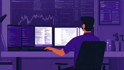 Person working at a computer workstation with multiple monitors