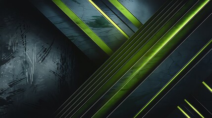 Canvas Print - Dark abstract geometric background with glowing green lines image