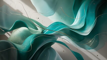 Canvas Print - flowing teal and aqua abstract with gold accents fluid waves
