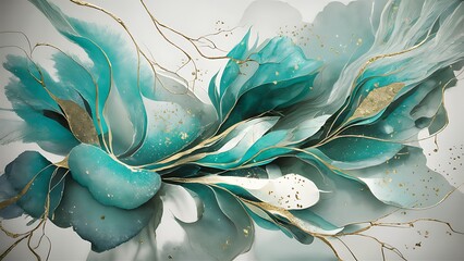 Canvas Print - flowing teal and gold abstract floral art background blue