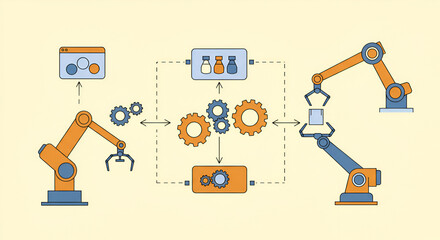 Manufacturing process automation with robotic arms, gears, and data flow illustration