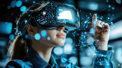 Woman using VR headset, interacting with digital interface