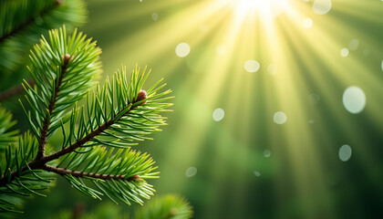 Sunlit Evergreen Pine Branch in Forest