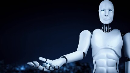 Wall Mural - ai hominoid robot holding hologram screen shows concept of global communication network using artifi