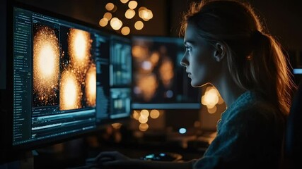Woman intently focuses on complex data visualizations displayed across dual monitors in a dimly lit workspace