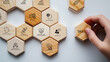 © Parradee - Future skills, personal development concept. Key future skills represented on wooden hexagonal blocks, including adaptability, critical thinking, and emotional and social intelligence.