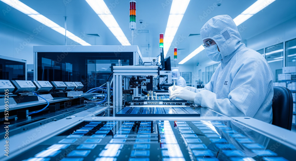 Precision in Blue: Semiconductor Cleanroom in Ultra HD. Stock Photo ...