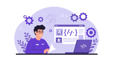 Developer working on computer with code and gears in modern office environment