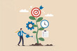© gfxshakib2023 - Businessman watering a growing plant with a target on top representing business growth goal achievement and strategic planning with time management and task completion isolated on transparent backgrou